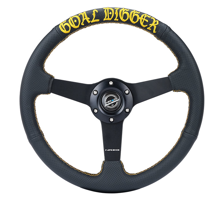 NRG NRG GOAL DIGGER Steering Wheel, Black Perforated Leather w/ Gold Stich (350mm / 1" Dish)