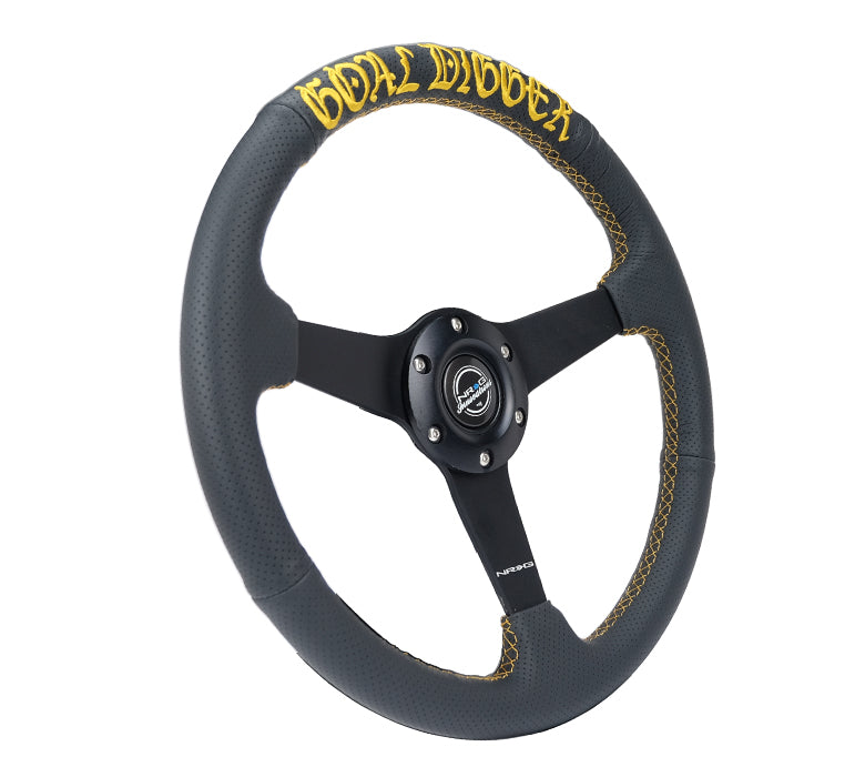 NRG NRG GOAL DIGGER Steering Wheel, Black Perforated Leather w/ Gold Stich (350mm / 1" Dish)