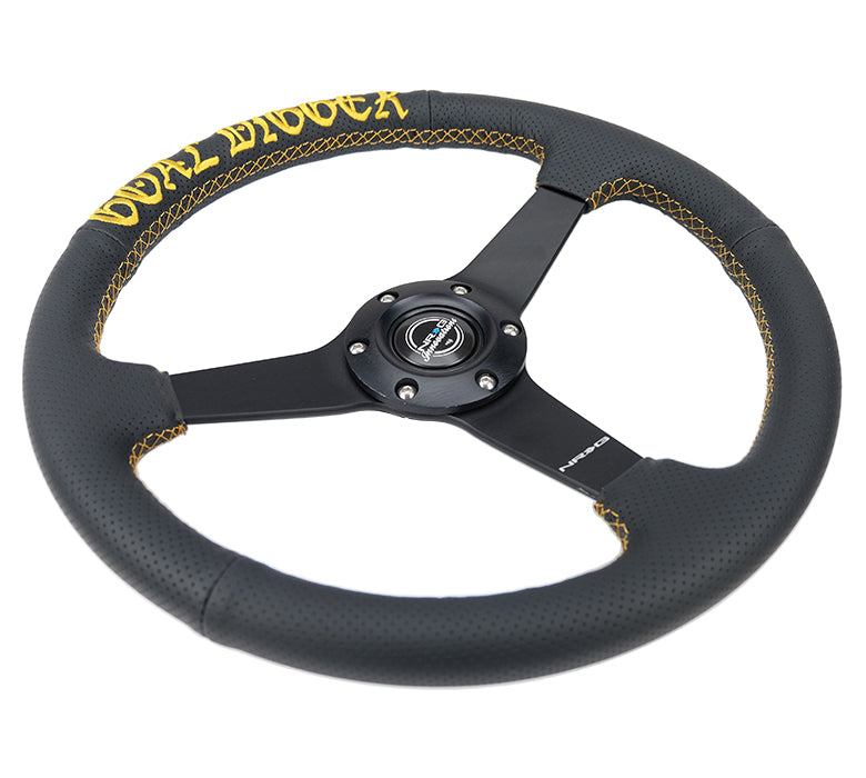 NRG NRG GOAL DIGGER Steering Wheel, Black Perforated Leather w/ Gold Stich (350mm / 1" Dish)