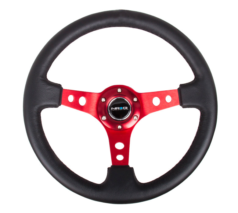 NRG NRG 350mm Sport Steering Wheel Black Leather/Red Spoke w/Round holes/Black Stitch, 3" Dish