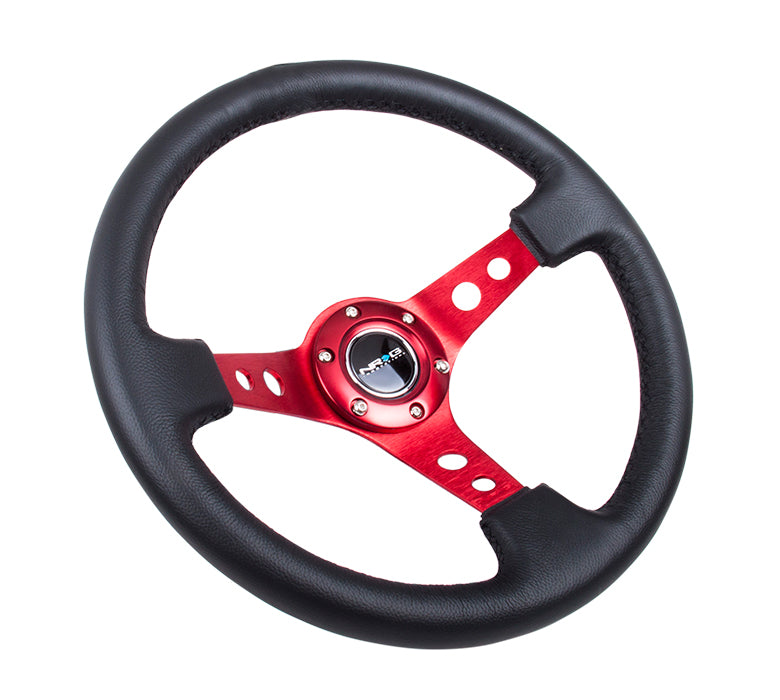 NRG NRG 350mm Sport Steering Wheel Black Leather/Red Spoke w/Round holes/Black Stitch, 3" Dish
