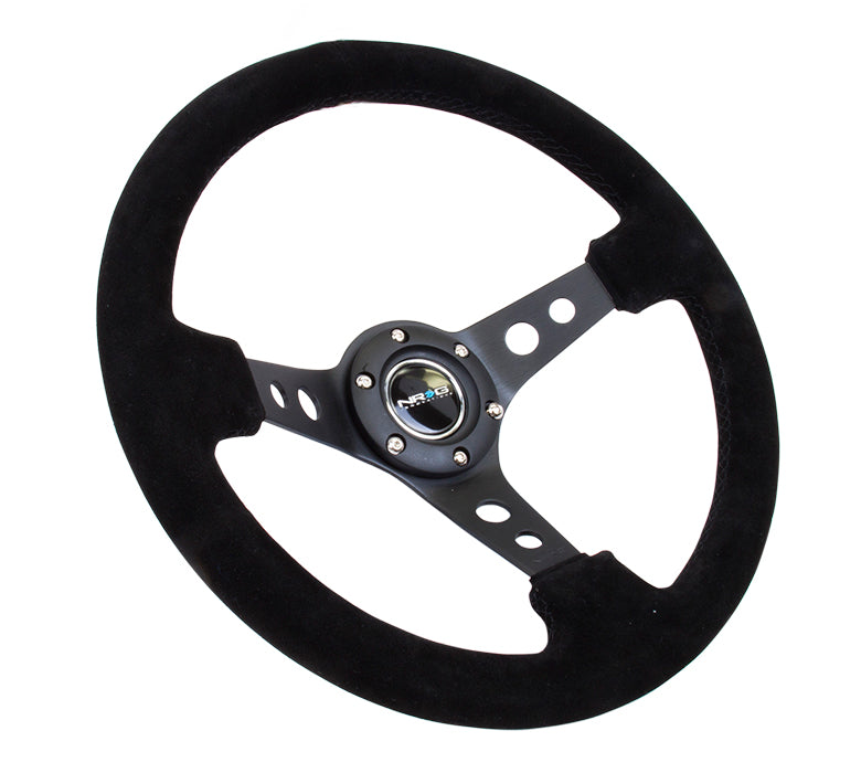NRG Reinforced Steering Wheel - 350mm Sport Steering Wheel (3" Deep) - Black Spoke Suede Black Stitch