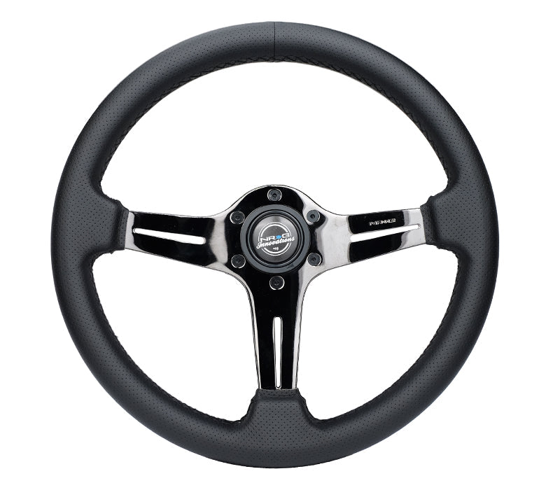 NRG Blitz Light Weight Gaming Steering Wheel, Perforated leather w/Black Chrome spoke with slits. No Dish