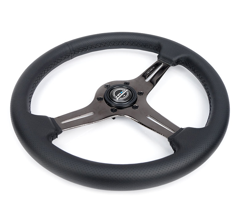 NRG Blitz Light Weight Gaming Steering Wheel, Perforated leather w/Black Chrome spoke with slits. No Dish