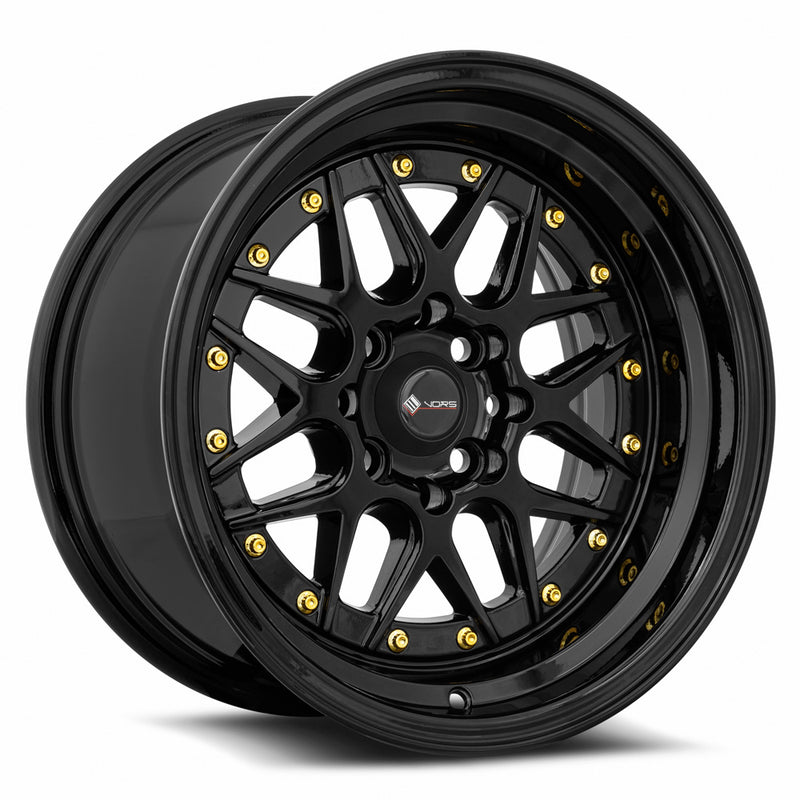 Vors VR7 15x8 4x100 All Black Gold Rivet