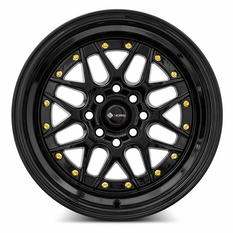Vors VR7 15x8 4x98 (Custom Drill) All Black Gold Rivet