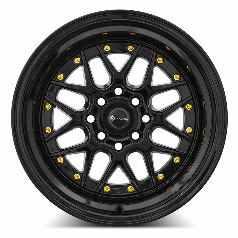 Vors VR7 15x9 4x108 (Custom Drill) All Black Gold Rivet