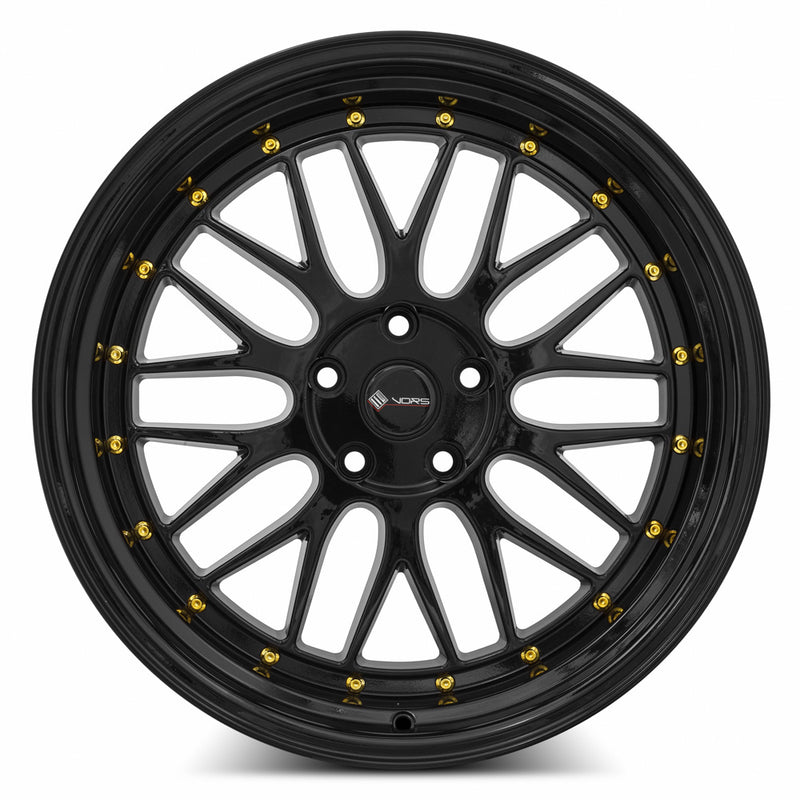 Vors VR8 19x9.5 5x110 (Custom Drill) All Black Gold Rivet
