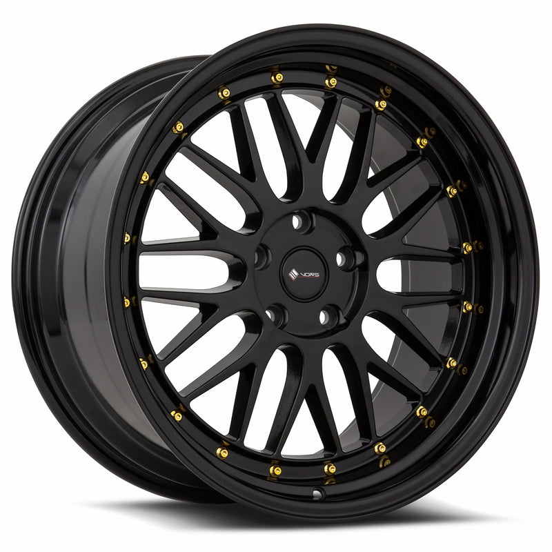 Vors VR8 18x9 5x120 (Custom Drill) All Black Gold Rivet