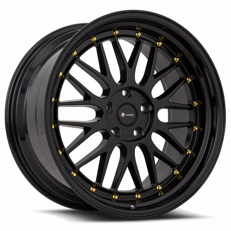 Vors VR8 19x9.5 5x108 (Custom Drill) All Black Gold Rivet