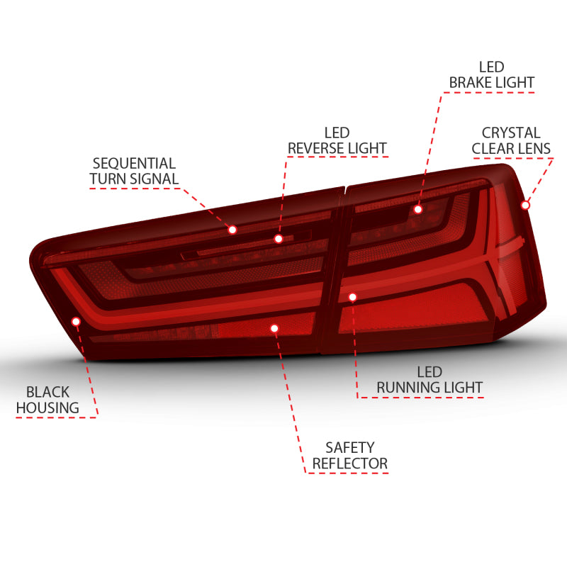 ANZO 2012-2018 Audi A6 Feu arrière LED Boîtier noir Rouge/lentille transparente 4 pièces (Signal séquentiel)