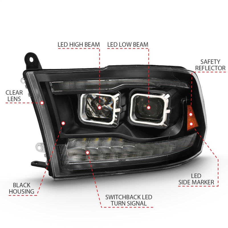 ANZO 2009-2018 Dodge Ram 1500 Projecteur LED Style planche Switchback HL Halo Noir Ambre (Style OE)