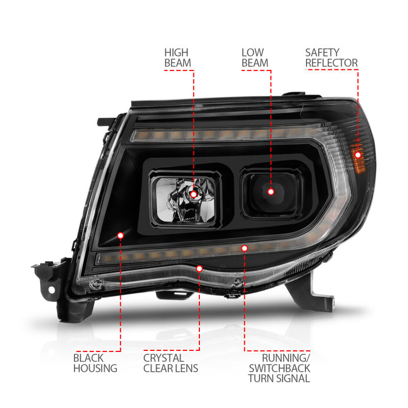 ANZO 05-11 Phares de projecteur Toyota Tacoma avec boîtier noir Switchback de barre lumineuse