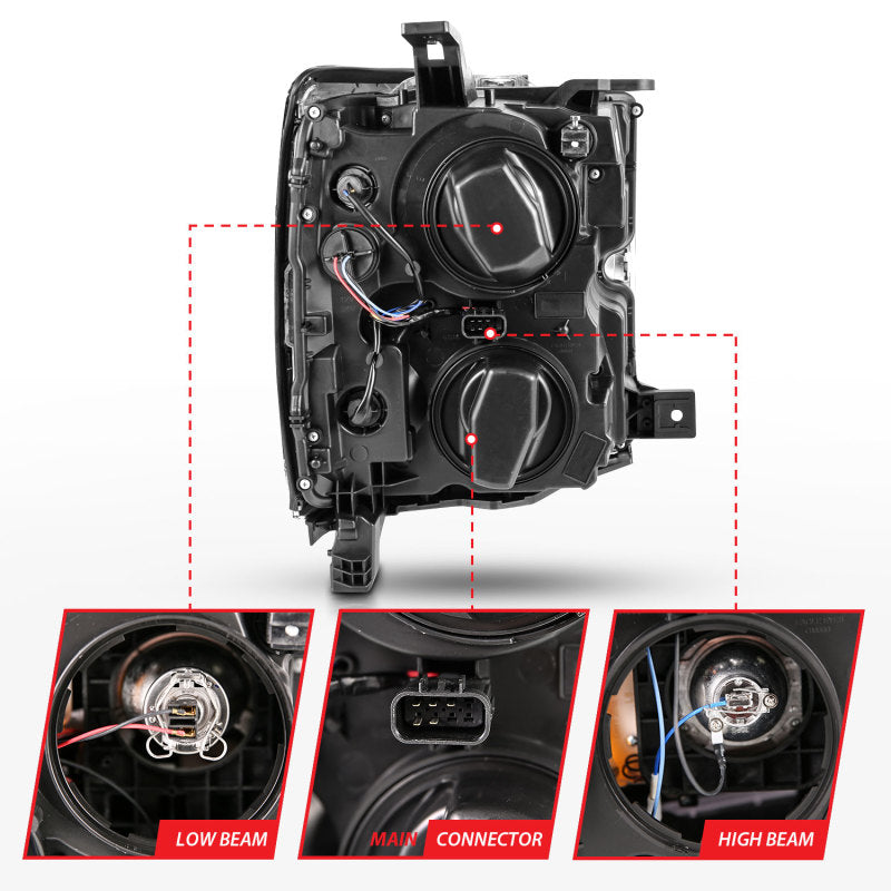 Phares de projecteur Chevrolet Silverado ANZO 2015-2016 avec design de style planche chromé avec ambre