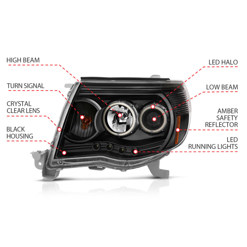 Phares de projecteur ANZO 2005-2011 Toyota Tacoma avec halo noir