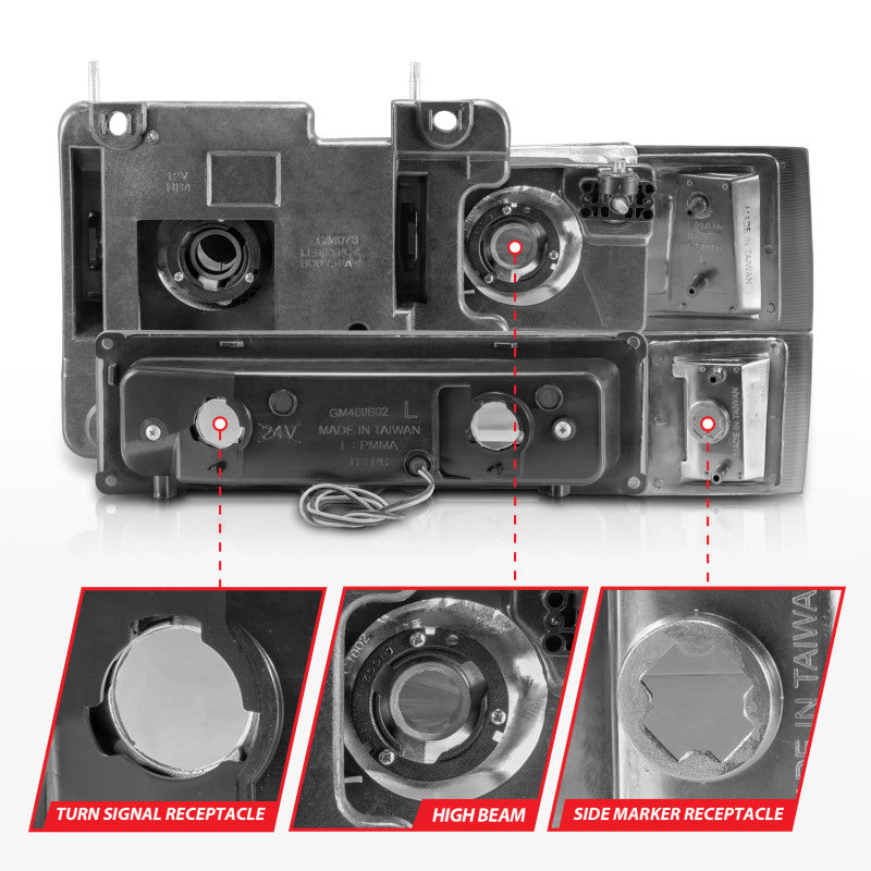 ANZO 88-98 Chevrolet C1500 Phares en cristal avec barre lumineuse Boîtier chromé avec marqueurs latéraux de signal 8 pièces