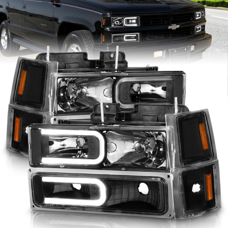 ANZO 88-98 Chevrolet C1500 Phares en cristal avec barre lumineuse Boîtier noir avec marqueurs latéraux de signal 8 pièces