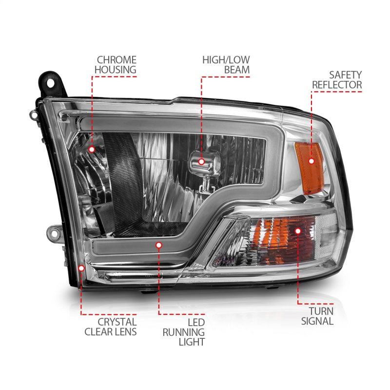 ANZO 2009-2018 Dodge Ram 1500/ 2500/ 3500 Phares en cristal avec boîtier chromé pour barre lumineuse