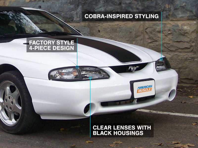 Raxiom 94-98 Mustang Axial Series Cobra Style Headlights- Black Housing (Clear Lens)