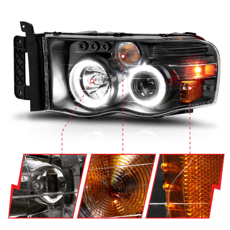 Phares de projecteur ANZO 2002-2005 Dodge Ram 1500 avec halo noir clair ambre