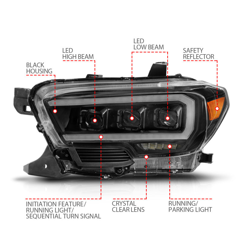 ANZO 16-22 Phares de projecteur LED Toyota Tacoma avec barre lumineuse séquentielle boîtier noir avec initiation