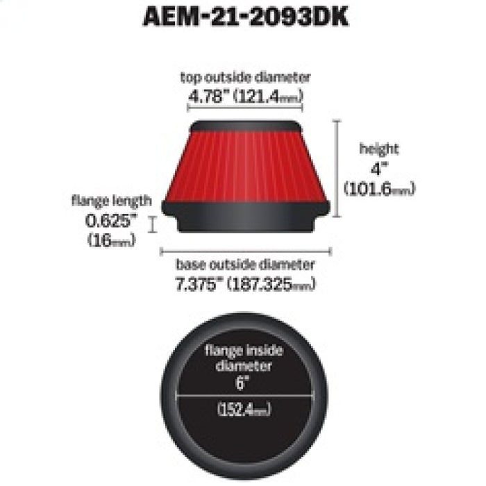 AEM Filtre à air conique conique DryFlow 6 po x 4 po