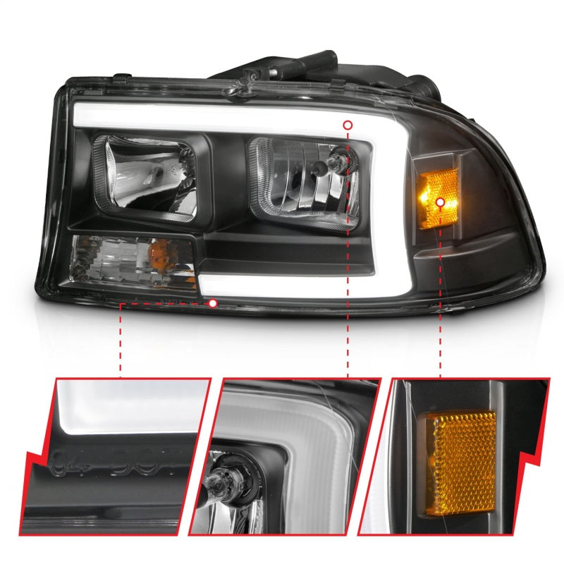 ANZO 97-04 Ensemble de phares Dodge Dakota/Durango Crystal avec barre lumineuse boîtier noir