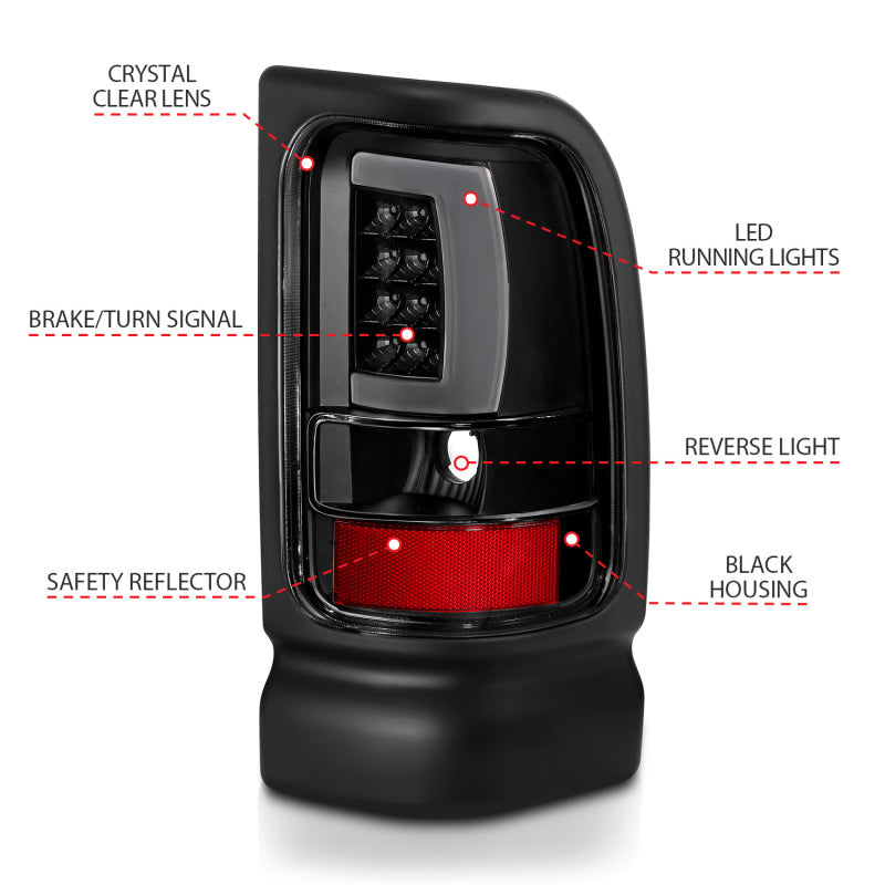 ANZO 1994-2001 Dodge Ram 1500 Feux arrière LED style planche Noir avec lentille transparente