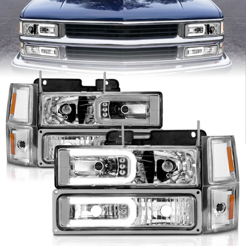ANZO 88-98 Chevrolet C1500 Phares en cristal avec barre lumineuse Boîtier chromé avec marqueurs latéraux de signal 8 pièces