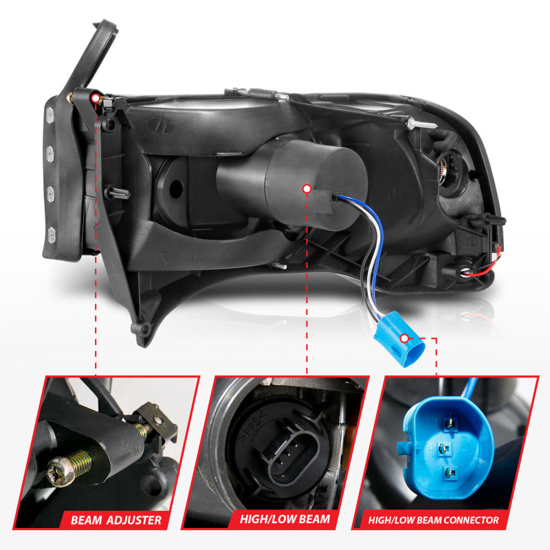 ANZO 94-02 Phare en cristal Dodge RAM avec boîtier noir pour barre lumineuse