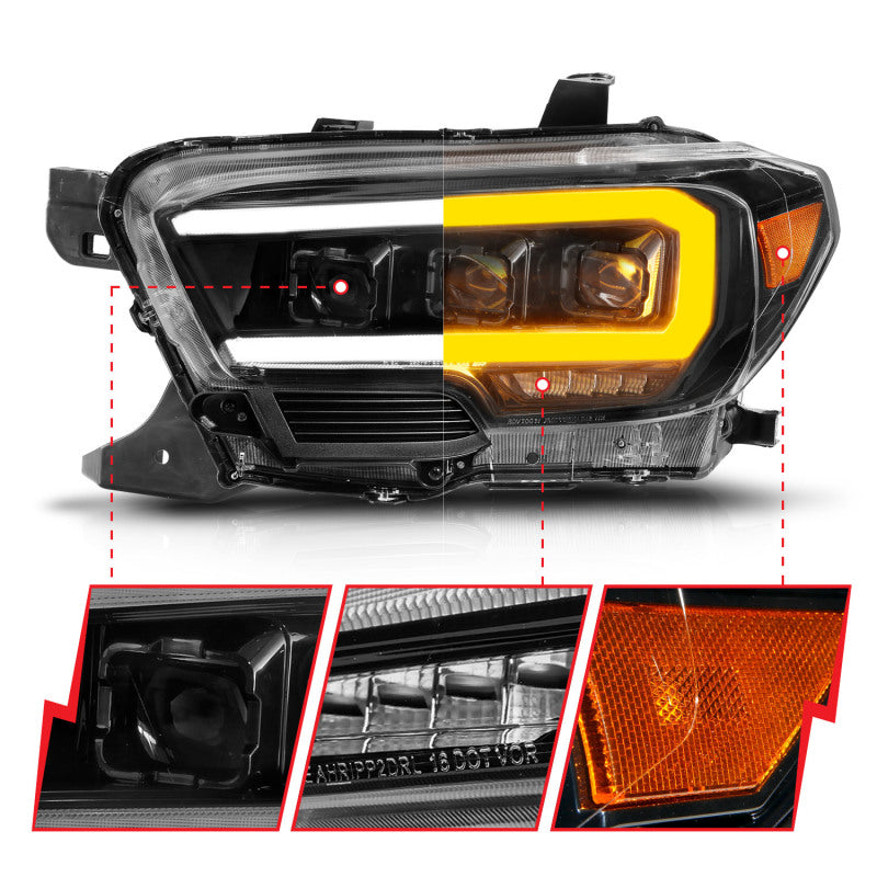 ANZO 16-22 Phares de projecteur LED Toyota Tacoma avec barre lumineuse séquentielle boîtier noir avec initiation