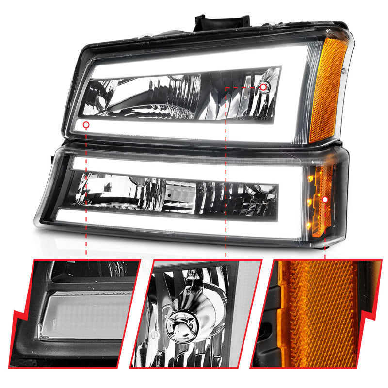 ANZO 2003-2006 Chevrolet Silverado 1500 Phares en cristal avec boîtier noir pour barre lumineuse