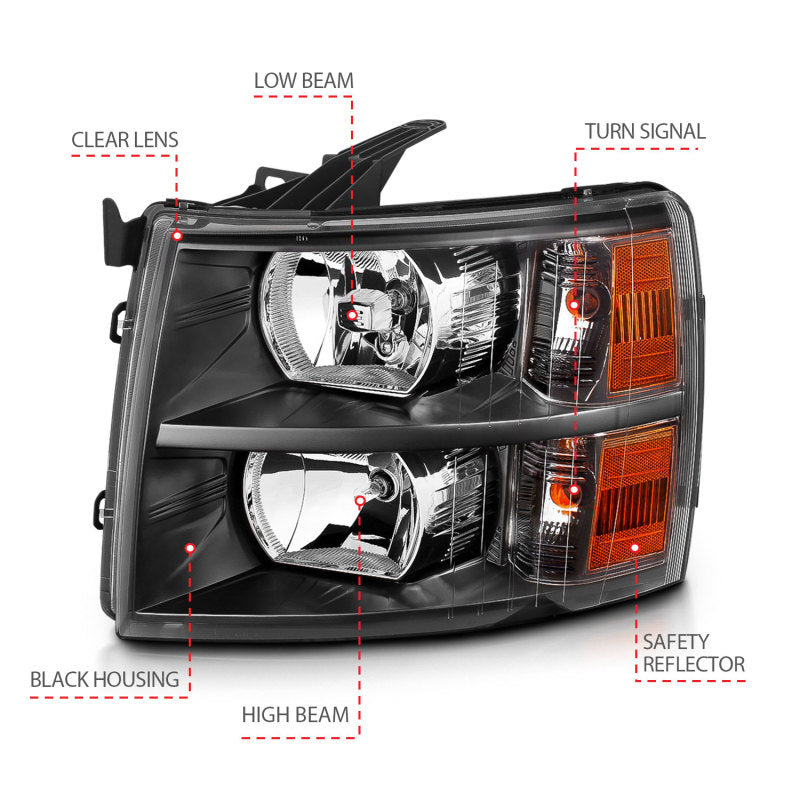 ANZO 2007-2013 Chevrolet Silverado Cristal Phares Noir
