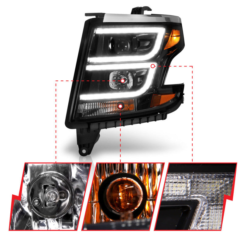ANZO 2015-2020 Chevy Tahoe Phares de projecteur style planche Noir avec DRL