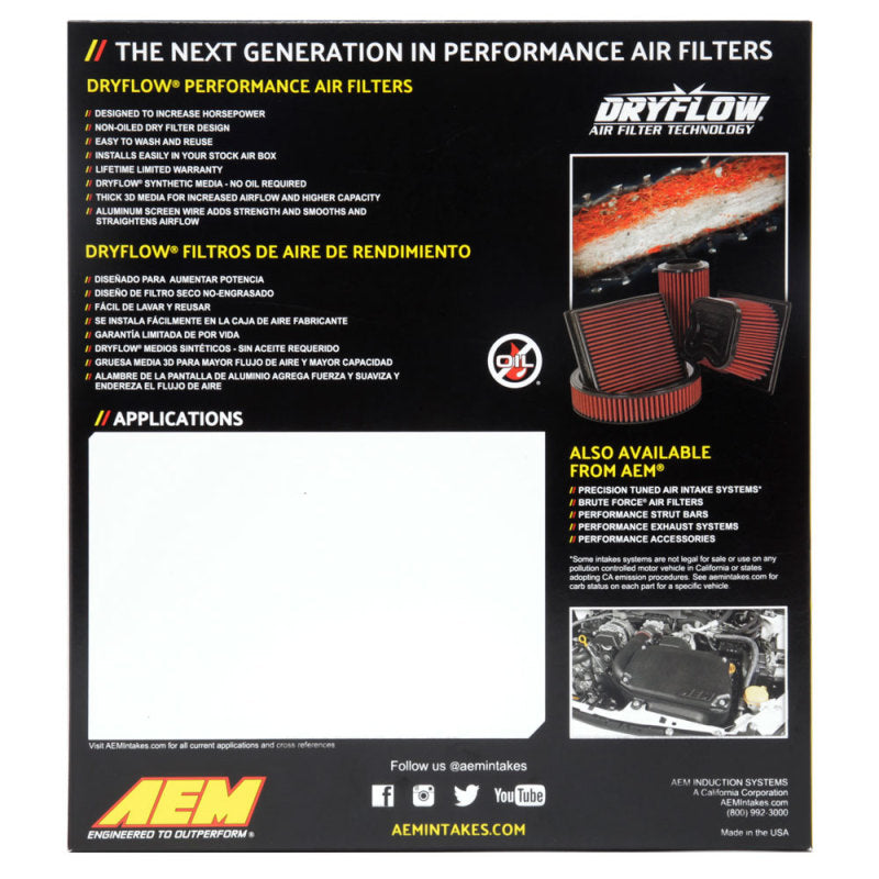 AEM 07-10 Impreza / 08-10 Forester 8,75 pouces O/SL x 8,563 pouces O/SW x 2,438 pouces H Filtre à air DryFlow