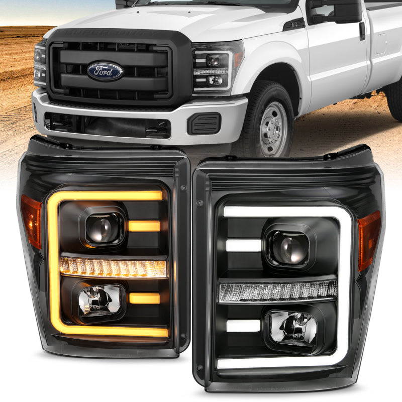 ANZO 2011-2016 Ford F250 Phares de projecteur avec style planche Switchback Noir avec ambre
