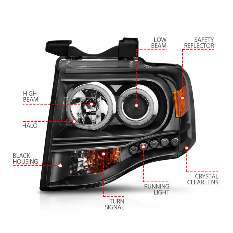 Phares de projecteur Ford Expedition ANZO 2007-2014 avec halo noir